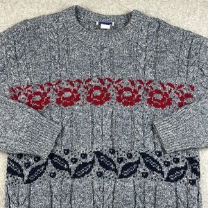 VTG French Navy Cable Knit Sweater Womens Medium USA Blue 80s Nordic Fair Isle